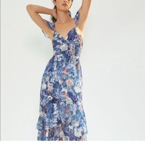 Anthropologie Hutch Ruffled Midi Dress Size 4 Blue Floral
